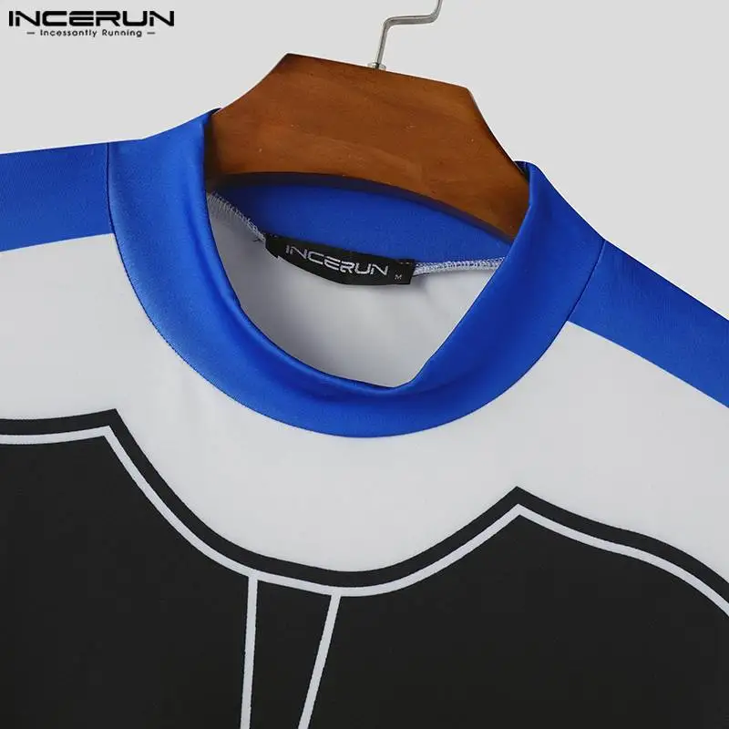 INCERUN New Men Clothing Splicing Deconstruction Color Blocking T-shirts Stylish Male Hot Sale Personality Long Sleeved Camiseta