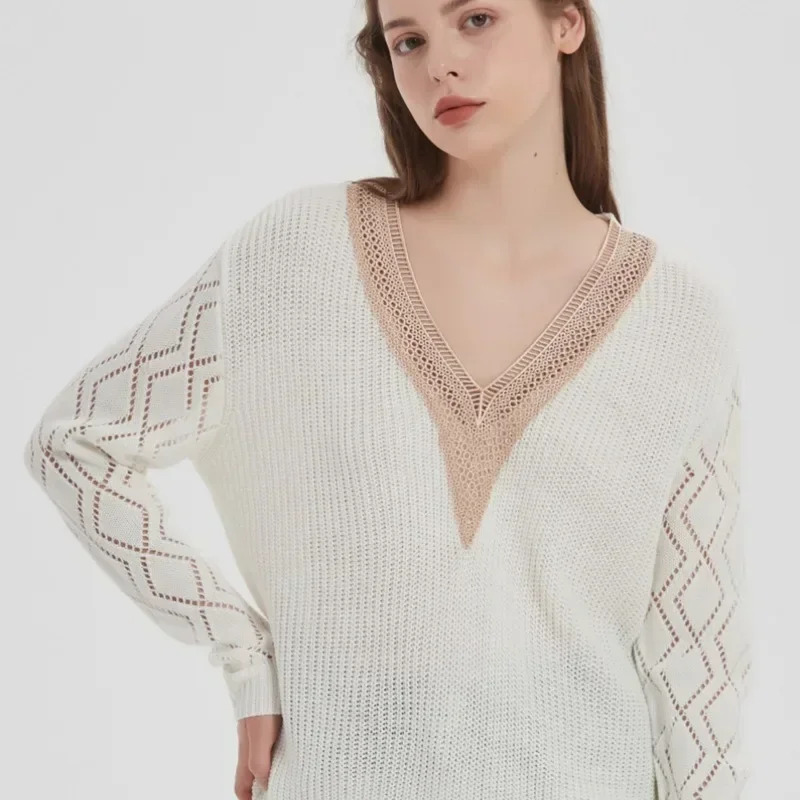 Fashion Pullover Sweater Women's Beige Hollow-out Long Sleeve Puffy Sleeve V Neck Knit Sweater Boho Lace Trim Knit Sweater Top