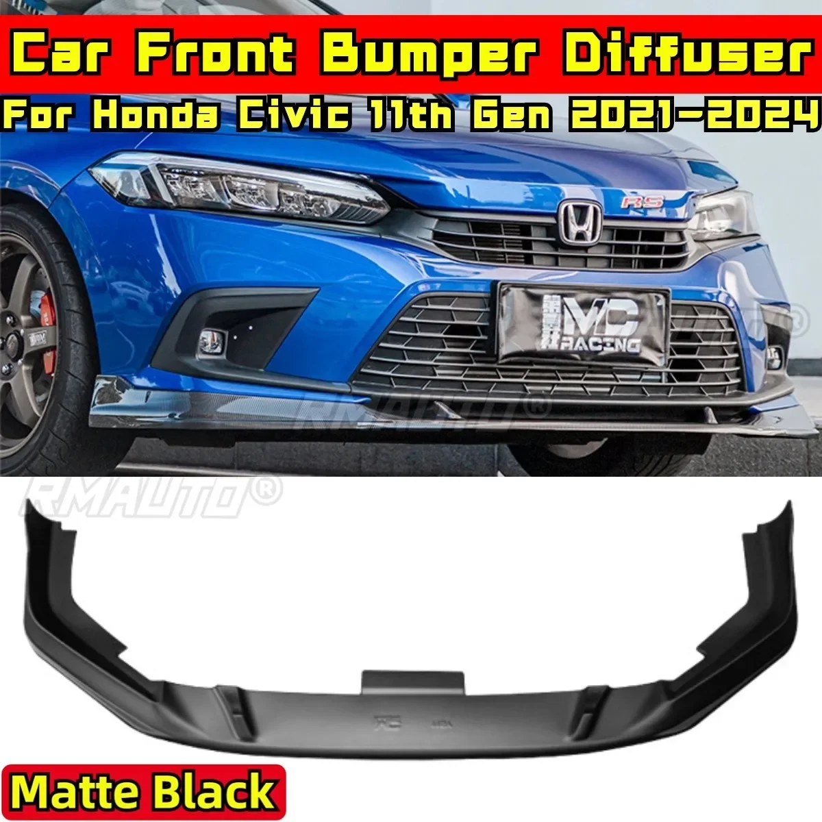 For Civic Body Kit Front Bumper Lip Matte Black MC Style Front Bumper Cover For Honda Civic 11th Gen 2021-2024 Car Accessories