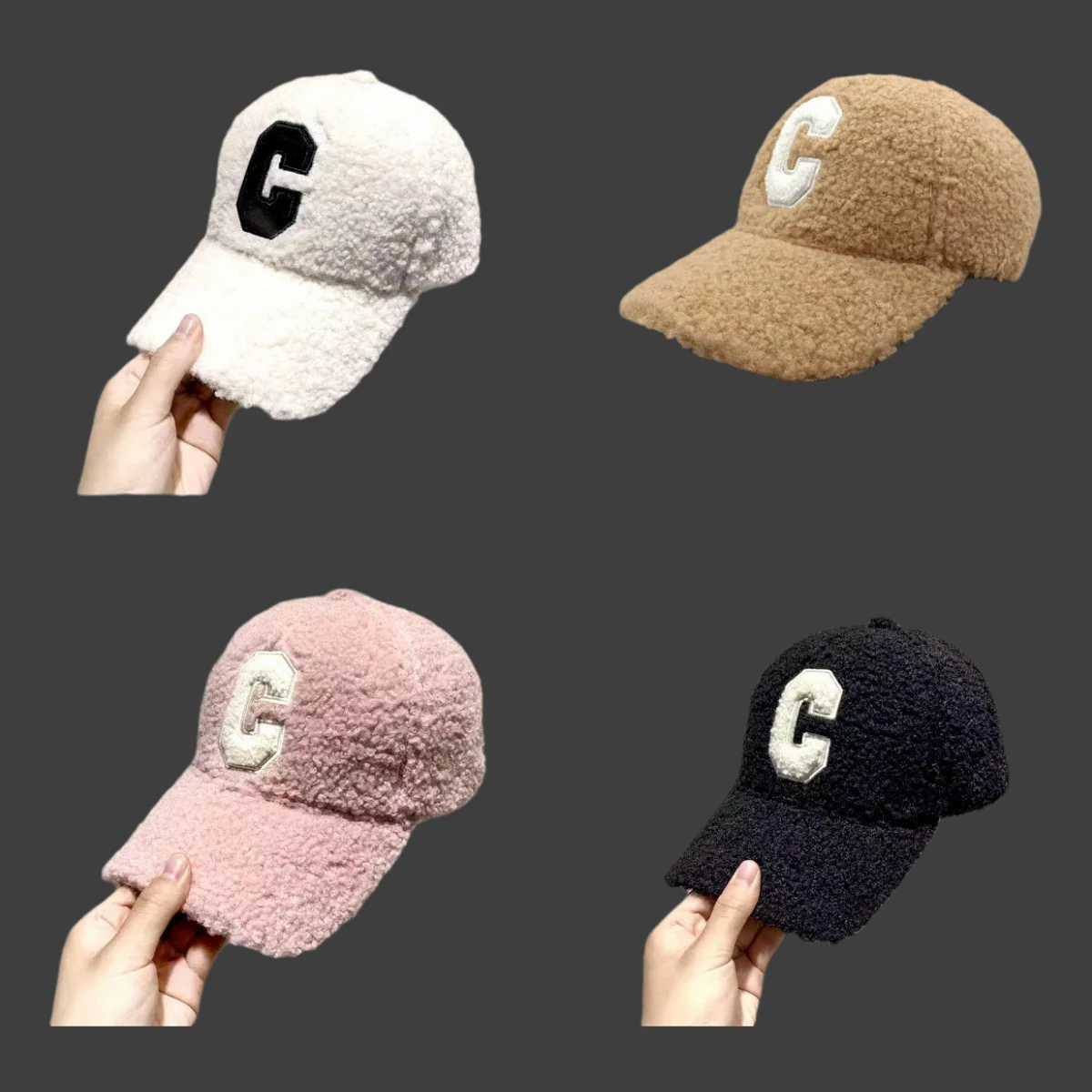 Lamb Wool Solid Color Duckbill Cap C Letter Embroidery Baseball Cap Woman Winter Travel Outdoor Warm and Thickened Casquette