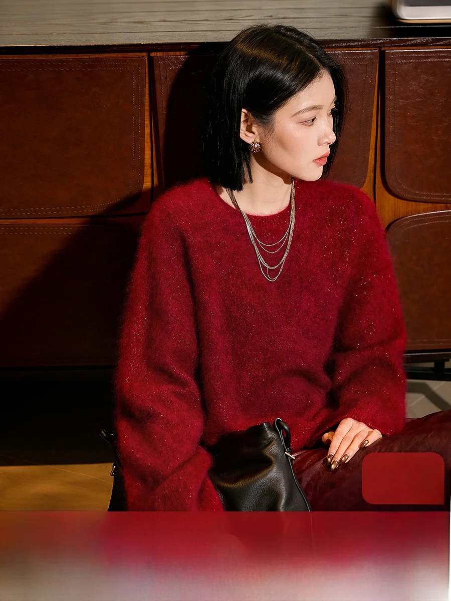 

Женский красный вязаный топ Xiao Han New Year Heavyweight Fce Camere с блестками, мягкий, с длинными рукавами, круглым вырезом, теплый, повседневный