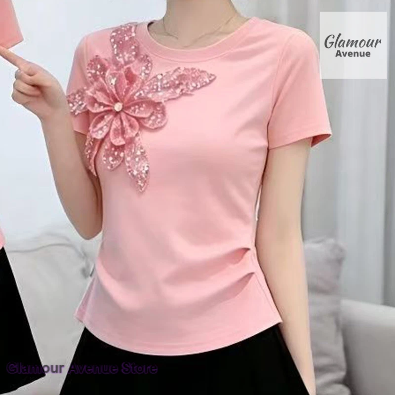 French heavy industry beaded flowers fashion design short-sleeved T-shirt female summer new temperament beautiful casual top.