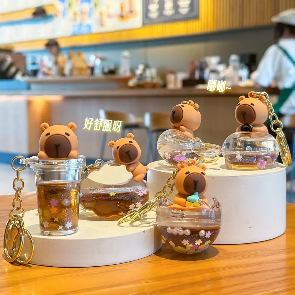 Flowing Sand Bottle Capybara Key Ring Bobblehead Cartoon Capybara Guinea Pig Keychain Three-dimensional Funny