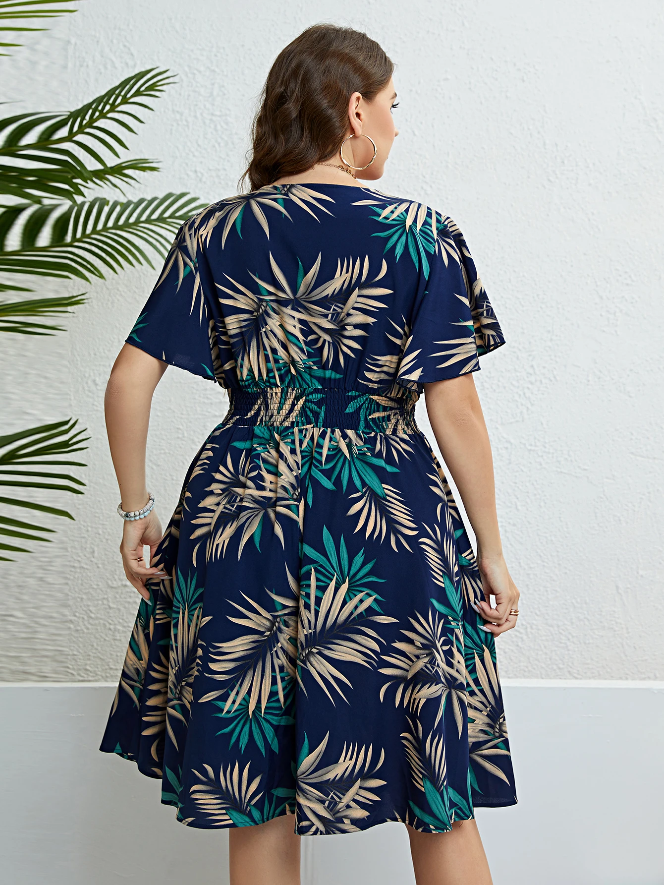 KEBY ZJ Plus Size Tropical Print V Neck Butterfly Sleeve Dress Women Vacation Boho Beach Casual Elastic Summer Midi Dresses