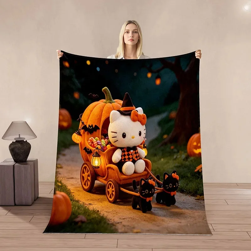 Gothic Hello Kitty Throw Blanket, Steampunk Gear Pumpkin Pattern, Super Soft Flannel, Sofa Napping Halloween Home Decor