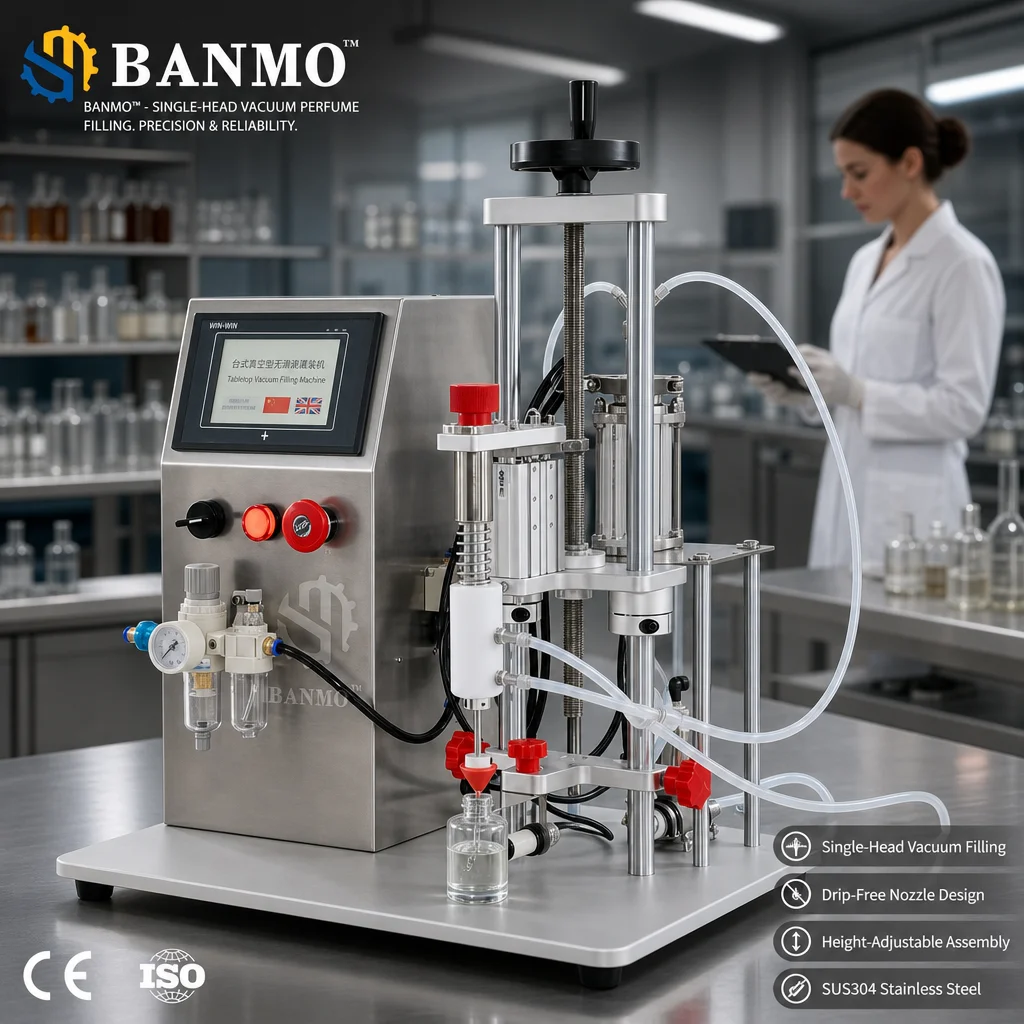 BANMO Versatile Single-Nozzle Multi-Format Container Vacuum Filling Unit with Universal Nozzle Mounts for Round & Square Bottles