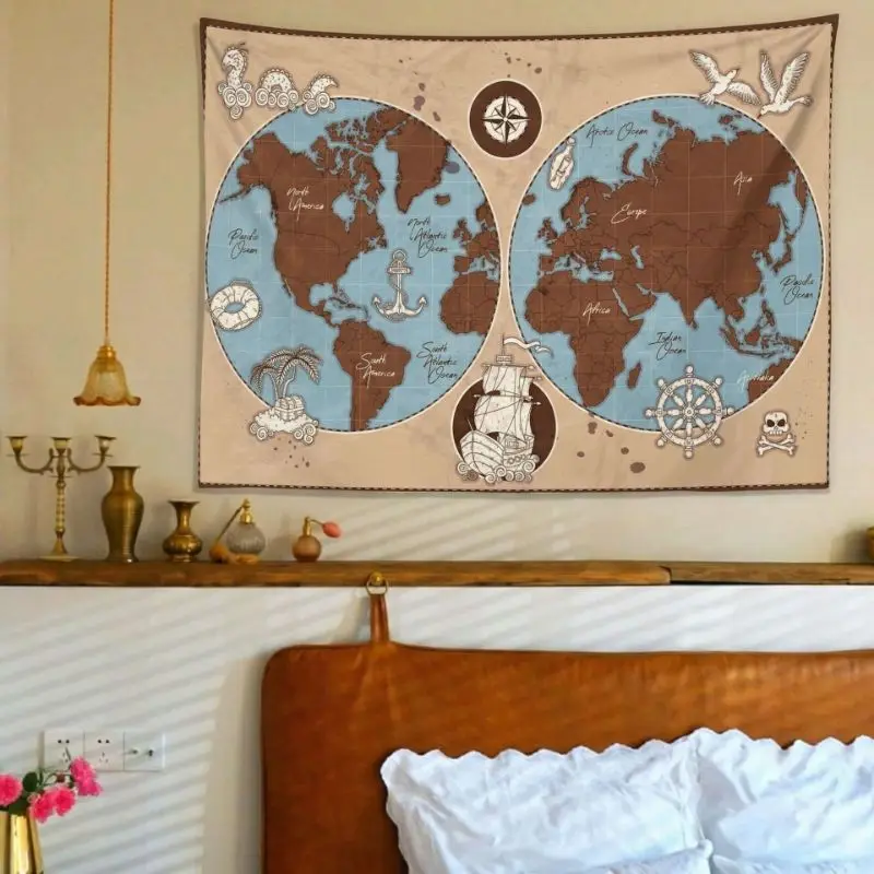 VIKAMA Vintage World Map Sailing Ship Wall Hanging Tapestry Home Room Decor Bedroom Living Nautical Adventure Art Soft Durable