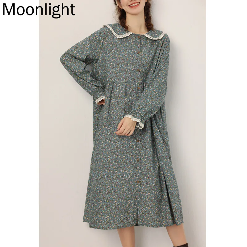 

Mori Girl Print Dresses For Woemen Loose Long Sleeve Casual Cotton Linen Floral Lace Dress Japanese Sweet Sailor Collar Vestidos