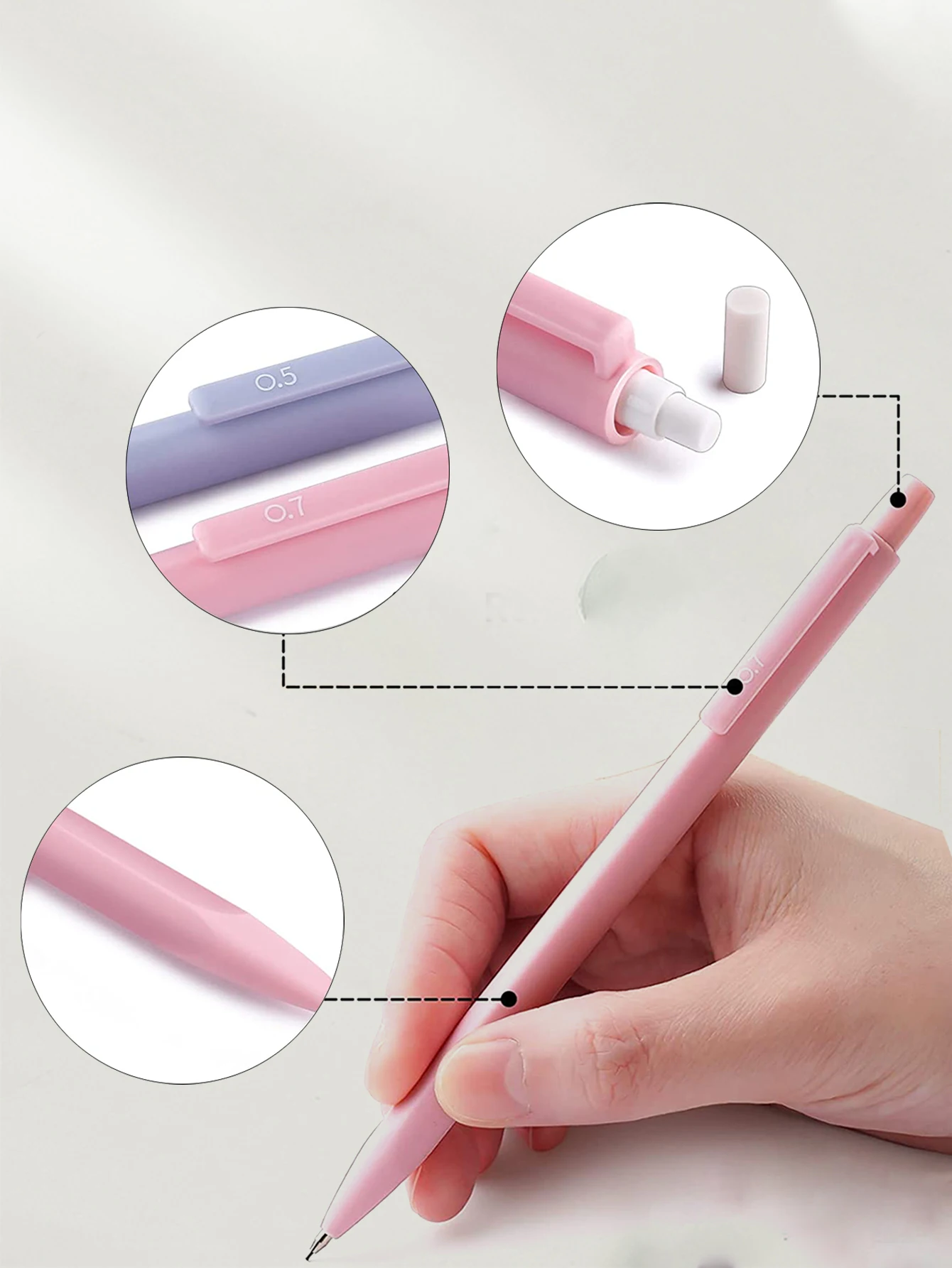 Niedliches pastellfarbenes Druckbleistift-Set, 0,5 mm und 0,7 mm, zwei Größen für präzises Schreiben, Kunstzeichnen, Skizzieren, Schulbedarf für Mädchen – Detail 6