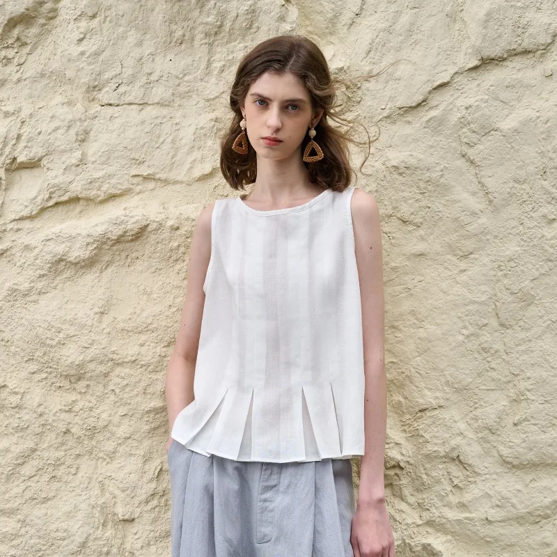 

Elegant French White Linen Crop Top Women Summer Sleeveless Ruched High Street Casual Loose Fashion Holiday Beach Vest Tops