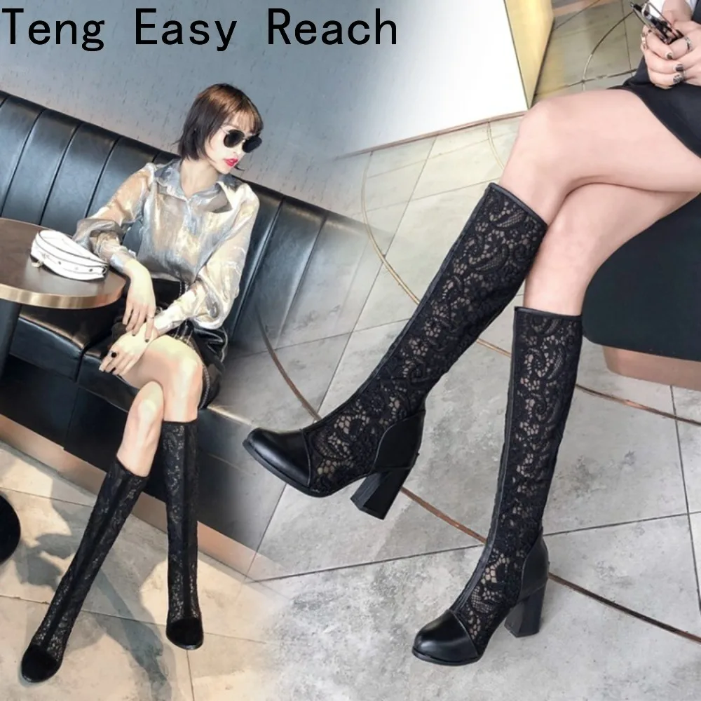Spring and Autumn New Style Fashion Square Heel Mesh Hollow Women's Boots Sweet Breathable Knee High Boots High 7.5cm Size 33-43