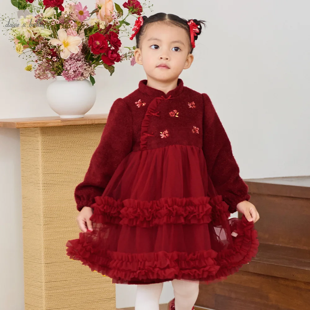 Dave Bella Children’s Winter One-piece Dresses Festival Red Mesh Dress For Girls Aged 3 To 12 Kids Clothing Soft Party DB4264647