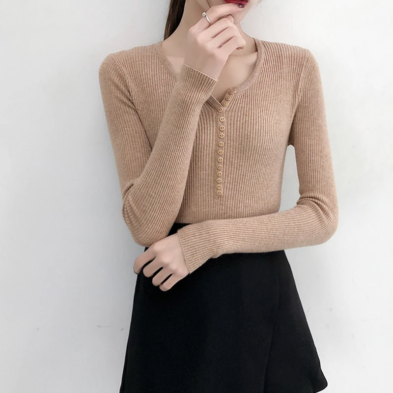 Autumn Winter Button V Neck Sweater Women Basic Solid Slim Pullover Women Sweaters Knitted Pullovers Casual Jumper Ladies Tops