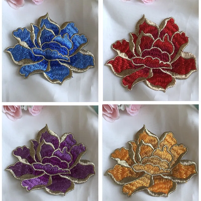 1Ps High Density Blue Purple Peony Flower Gold Ribbon Embroidery Patches12*9.5CM Sewing On Dress Clothing Applique Accessory Diy