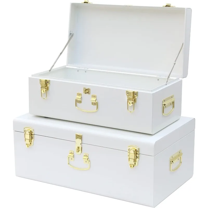 Decorative Metal Box Storage Trunks Set of 2 College Dorm Chest with Lock Hole,23.7X14.2X9.5 Inches(White)