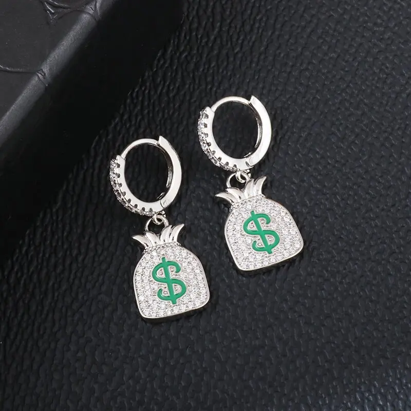 Fashion Hip Hop Dollar Sign Money Bag Pendant Earrings for Men and Women Trendy Hip Hop Rock Earrings Full Zircon