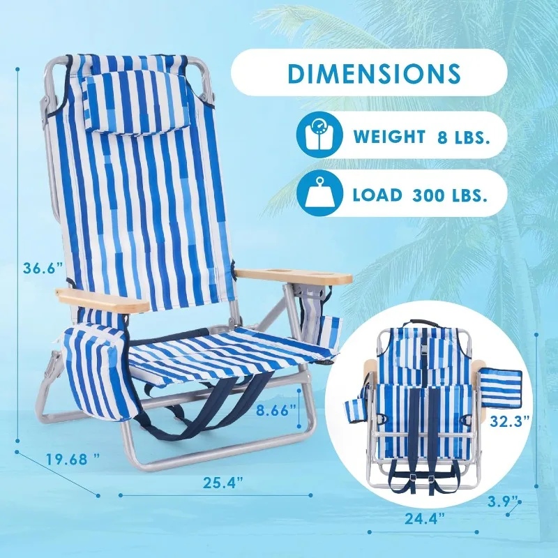 Low Profile Reclining Beach Chair for Adults Supports 300lbs| Oversized Backpack with 5 Adjustable Positions Outdoor Concert