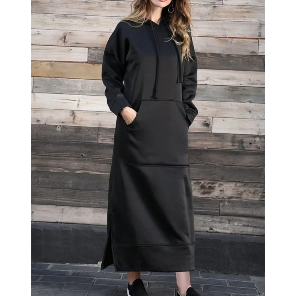 Autumn Winter New Loose Hooded Women Long Skirt Plus Cashmere Warm Hoodie Casual Dress Fashion Pocket Female Long-sleeved Dress