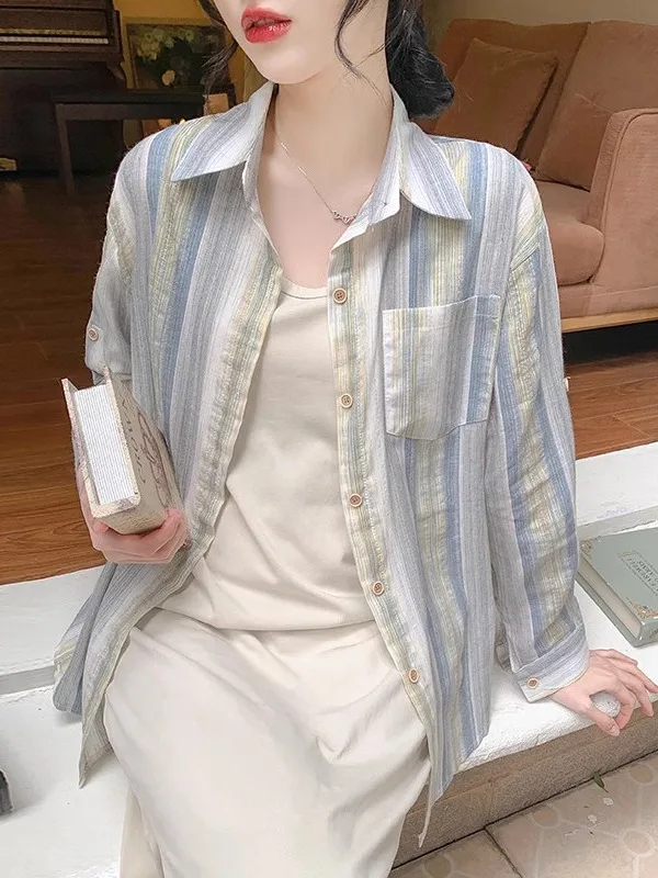 

Корейская женская летняя рубашка в полоску с длинными рукавами, защита от солнца, свободный крой, тонкий полиэстер