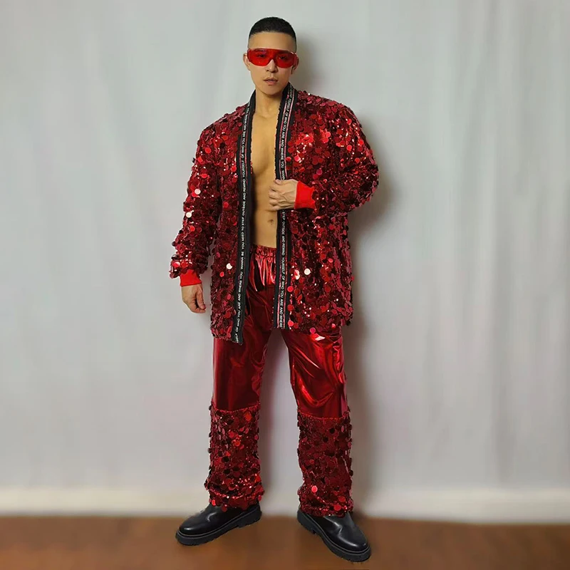 Strój do jazzu dla dorosłych, męski kostium sceniczny, czerwona cekinowa kurtka bejsbolówka, strój dla piosenkarza, męski strój na imprezę gogo, ubrania rave yk