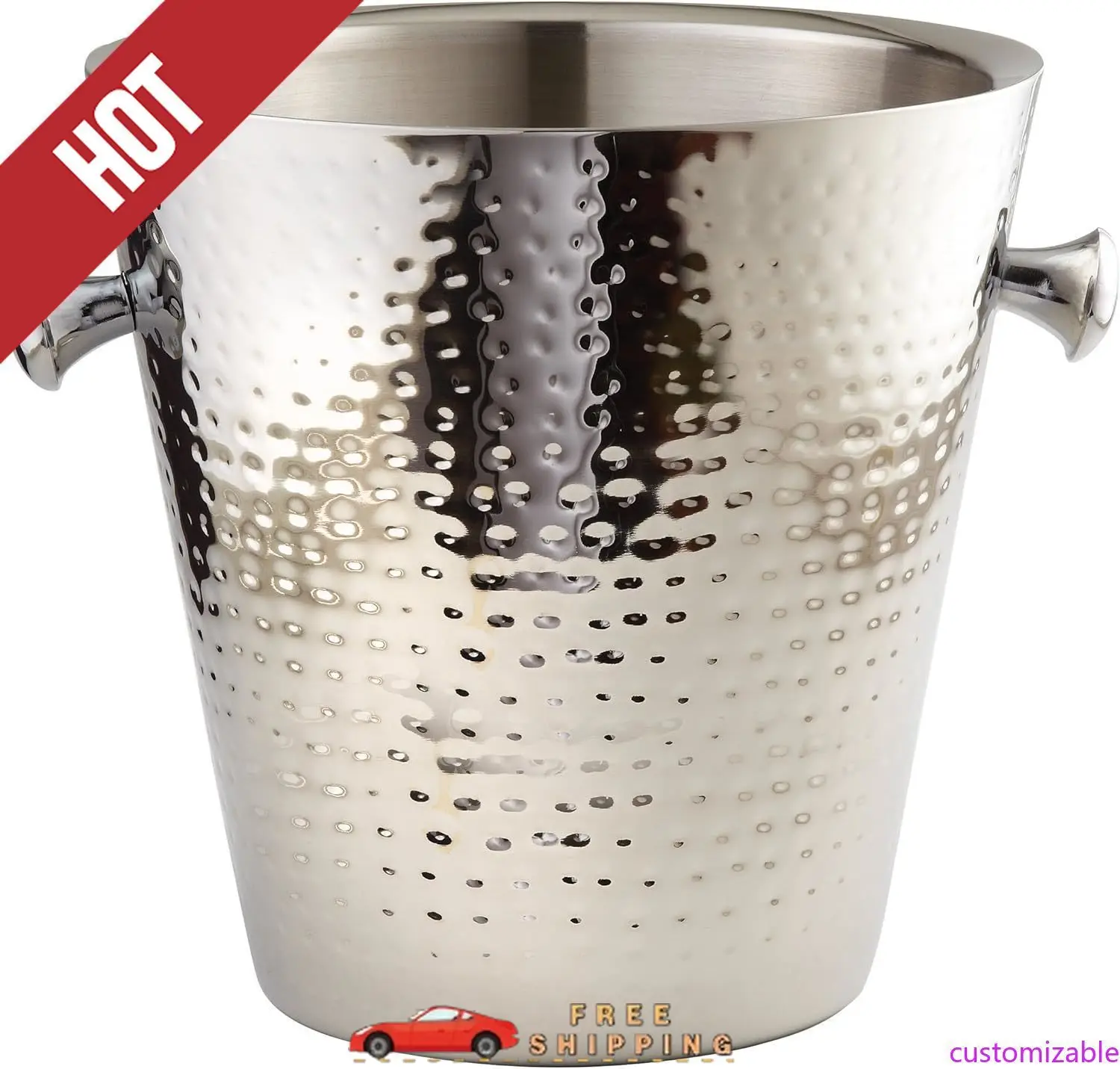 

Customizable Hammered Stainless Steel Doublewall Champagne Bucket, 9", Silver