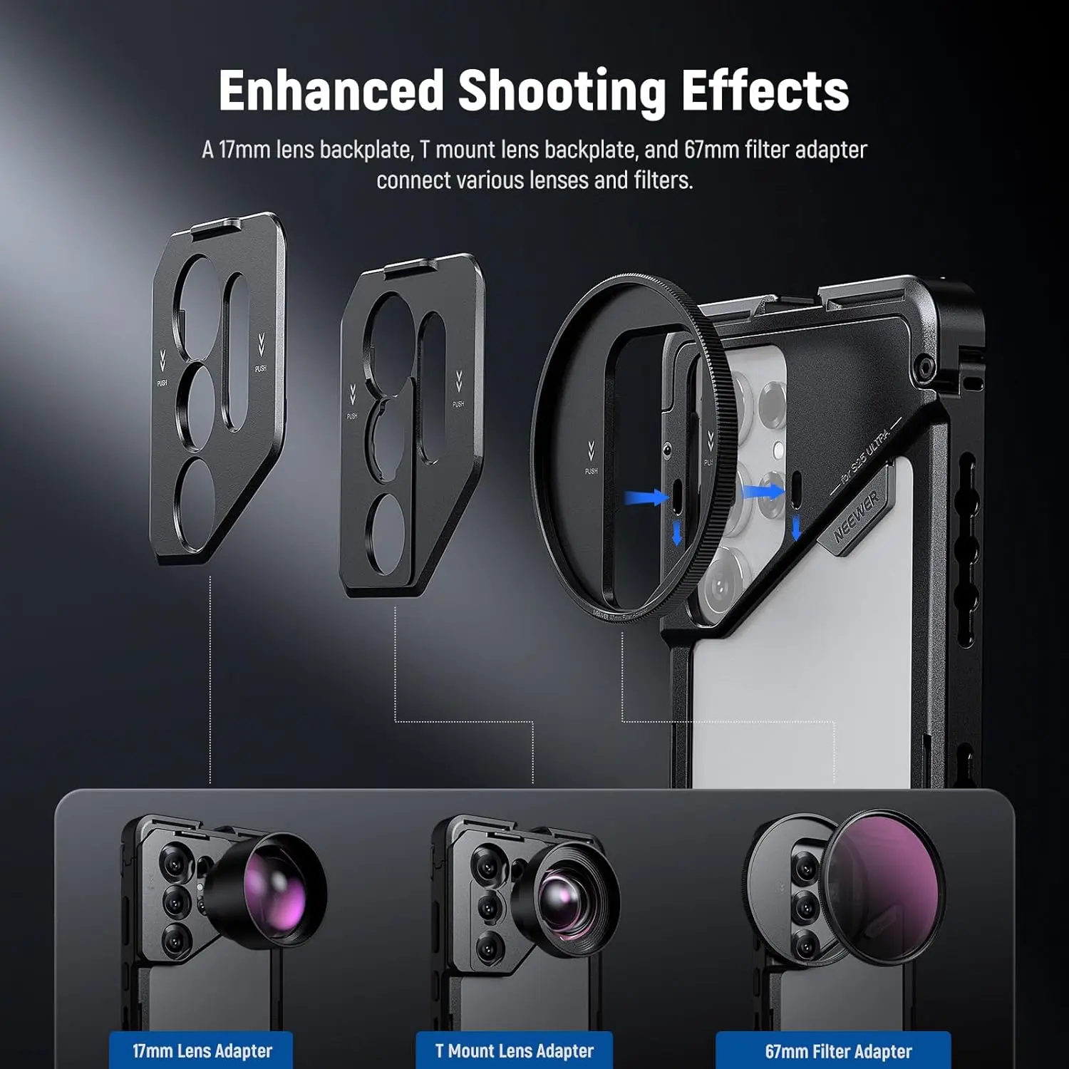 NEEWER حامل قفص الهاتف لهاتف Samsung Galaxy S25 Ultra، مثبت جهاز تصوير التسجيل بمقبض 2X، محول مرشح 67 مم