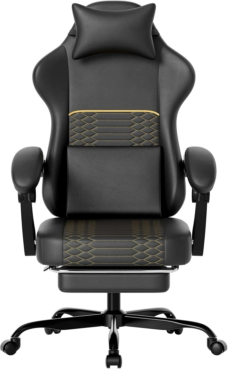 Cadeira Gamer em Couro PU com Encosto Alto, Suporte Lombar e Cabeça Ajustáveis com Massagem, Universal para Todas as Estações, Preta