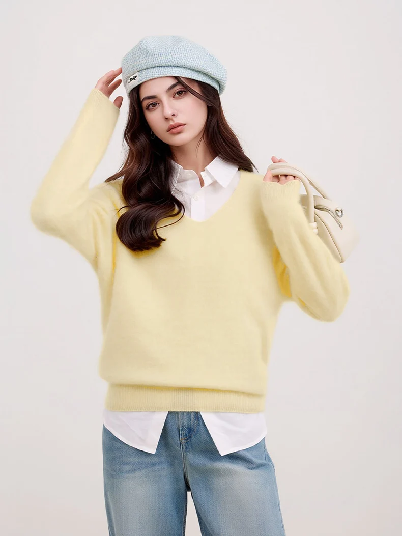 SuyaDream, vielseitiger Damen-Strickpullover für Herbst und Winter, Strickpullover aus gebürsteter Wolle, V-Ausschnitt, langärmlig, lässiger Pullover – Detail 12