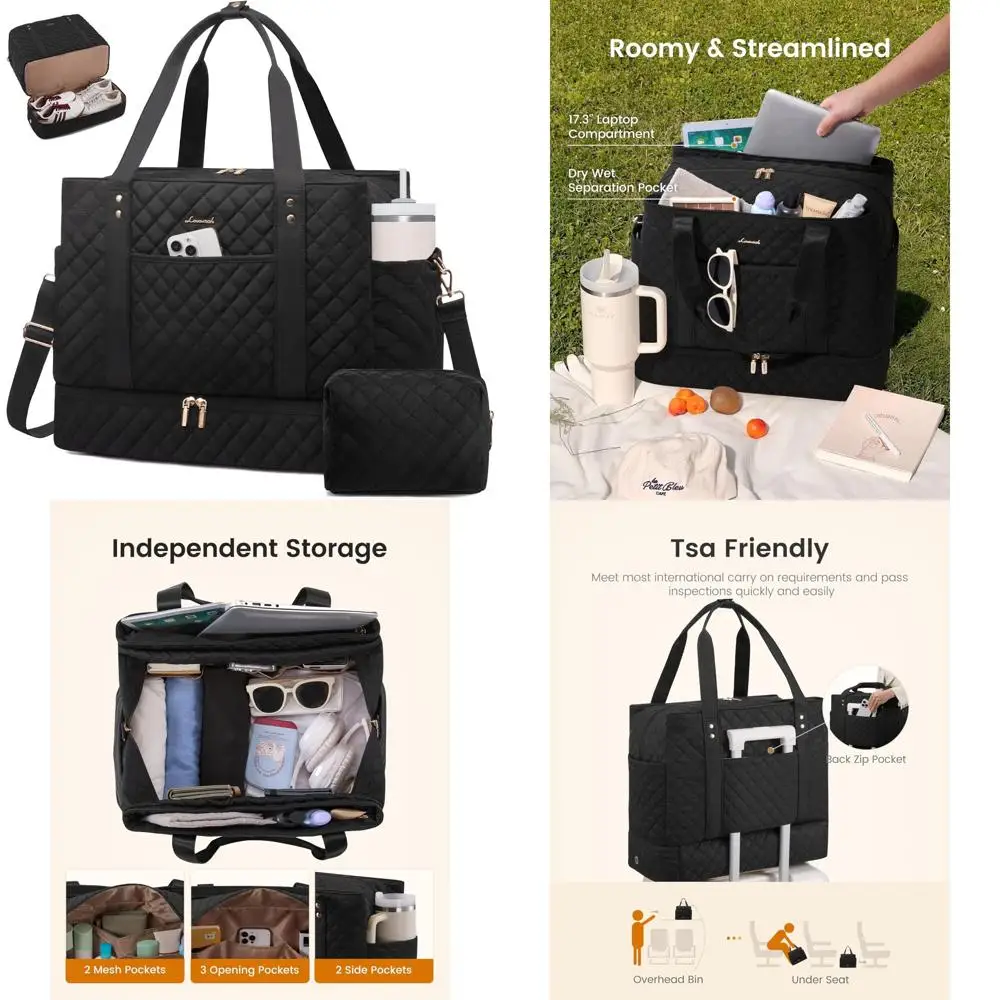 

Large 45L Women's Travel Duffle Bag with Shoe Compartment, Wet Pocket, and Quilted Carry-On Personal Item for Weekend Trips
