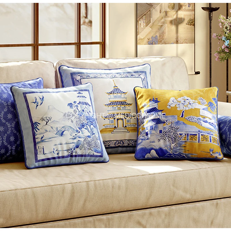 Medicci Home Boutique Blue And Yellow Chinoiserie Landscape Cushion Cover Super Soft Velvet Decorative Pillowcase Chic Home Deco