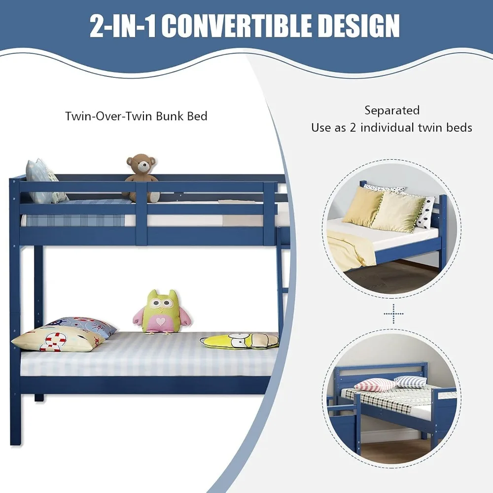 Twin-Over-Twin  Bunk Bed,  Bunk Bed for Bedroom Dorm Guest Room, Bed Frame W/ Ladder & Safety Guardrails for Kids Teens Adults