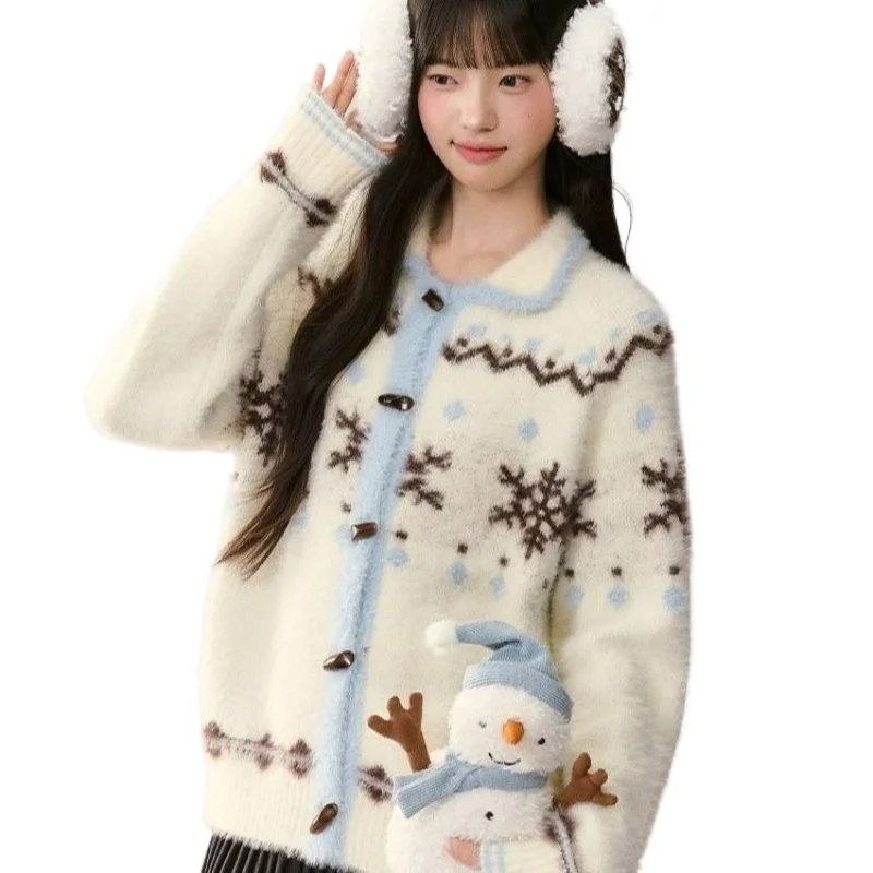 

2026 Autumn New Fashionable Korean-style Laid-back Style Cardigan Sweater Imitation Mink Leather Snowflake Patterns for Women