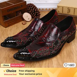 Italian men's dress shoes black metal rivet pointed men's leather business shoes, party shoes men's flat shoes