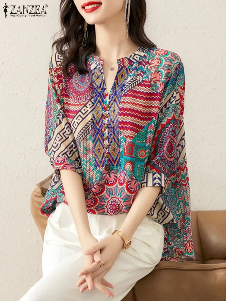 ZANZEA Vintage V-neck Female Blusa Holiday Ethnic Printing Tunic Women Summer Bohemian Blouse 2024 Summer Loose Half Sleeve Tops