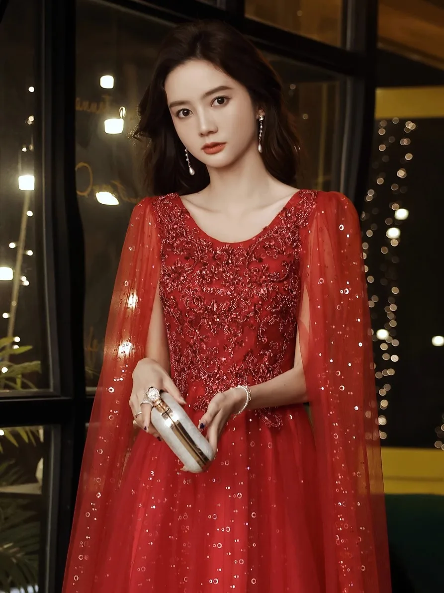 LZPOVE Shinny Sequin Wine Red Evening Dresses With Jacket Luxury Appliques A-line Floor-length Formal Evening Gowns for Women