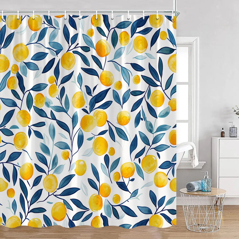 Tropical Fruit Shower Curtains Yellow Lemon Blue Watercolour Leaves Bath Curtain Set Polyester Fabric Bathroom Decor with Hooks