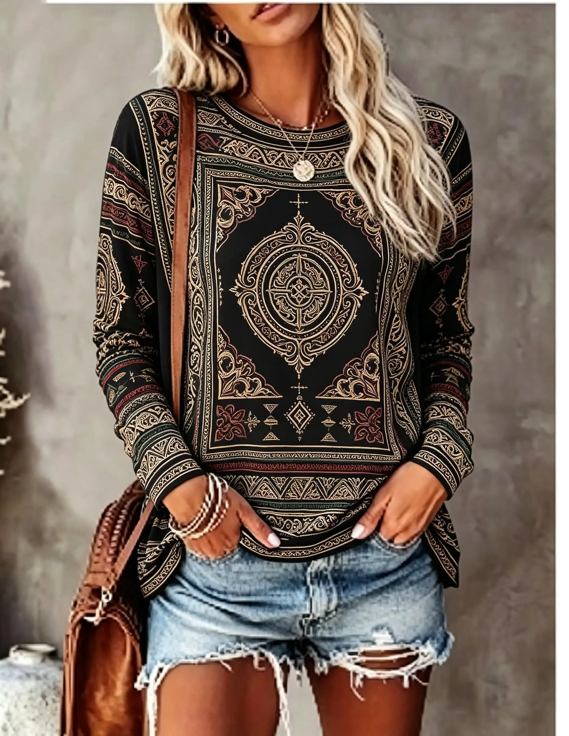 Women Crew Neck Long Sleeve T‑Shirt Boho Ethnic Mandala Tribal Geometric Vintage Ornate Full‑print Casual Loose Pullover Tops