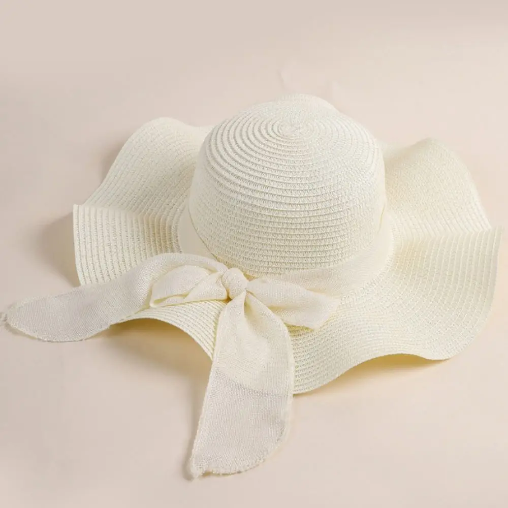 Foldable Beach Hat Fashion Wide Brim Bow Ribbons Travel Straw Hat Portable UV Protection Sun Visor Cap