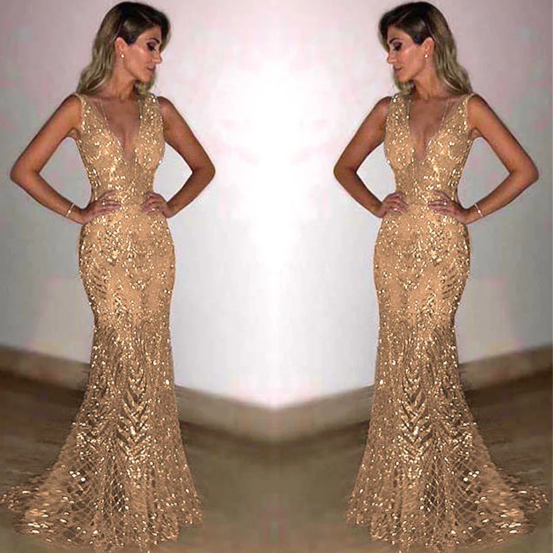 

Evening dress WOMEN'S long sleepveless WOMEN'S deeppvsequins dress women