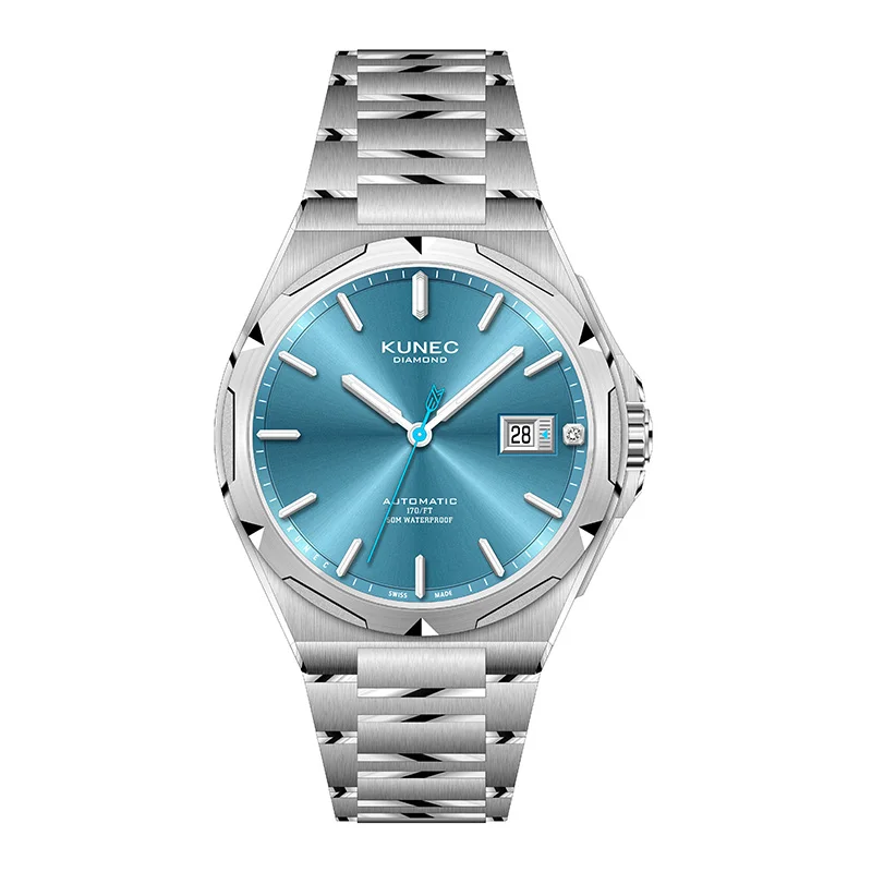 

Kunes blue dial Swiss movement men's steel case mechanical watch Super Luminous waterproof business men Shock automatic watches