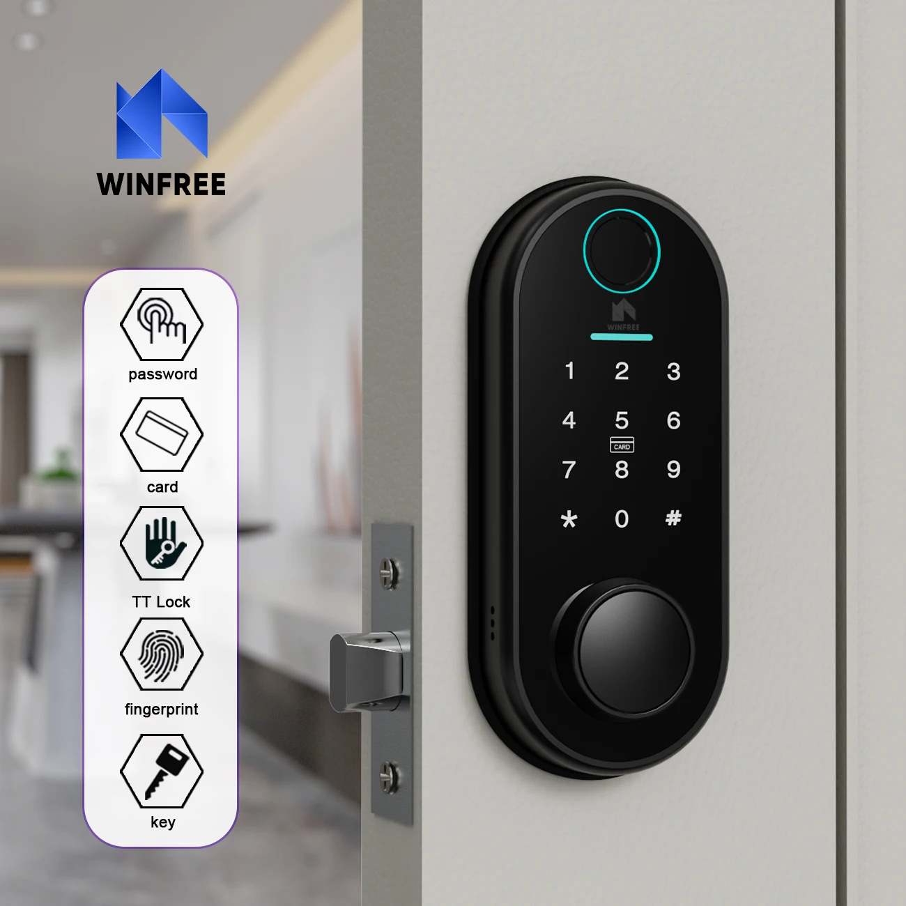 WINFREE Smart Lock Deadbolt Passcode Card Fingerprint Lock Keyless Entry Interior Door Wooden Home Office Apartment Lock