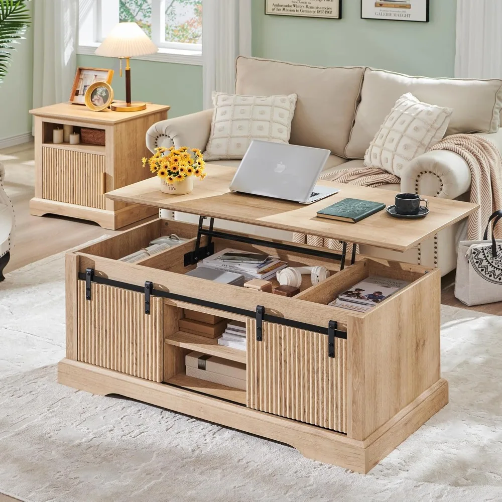 

46" Fluted Lift Top Coffee Table with Sliding Door, Modern Center Table w/Adjustable Storage Shelf & Hidden Compartment