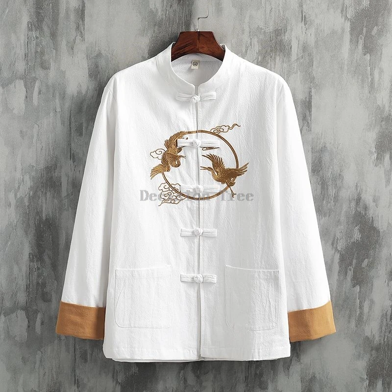 2025 vintage literature art chinese embroideried line wushu shirt long sleeved men's tang suit top elegant versatile jacket