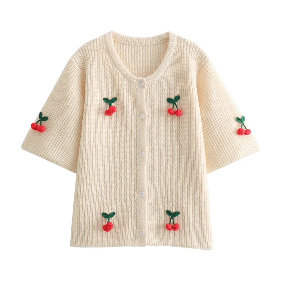 Spring and Summer 2024 New Women\'s European and American Fashion Casual Knitted Cardigan Cherry Decorative Sweater Short Sleeve