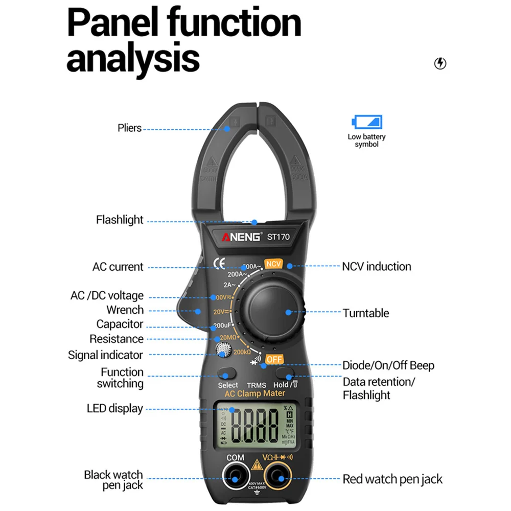 ANENG ST170 LCD cyfrowy miernik cęgowy DC/AC prąd multimetr amperomierz Tester napięcia dioda prądu pojemność NCV Ohm narzędzie testowe