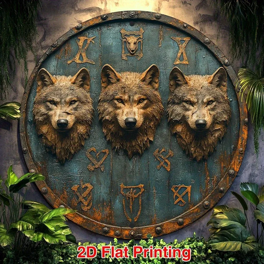 Wikinger-Schild-Wandkunst aus Metall – 20,3 x 20,3 cm großes nordisches Wolf- und Runen-Dekor, langlebiges Aluminiumschild für Zuhause