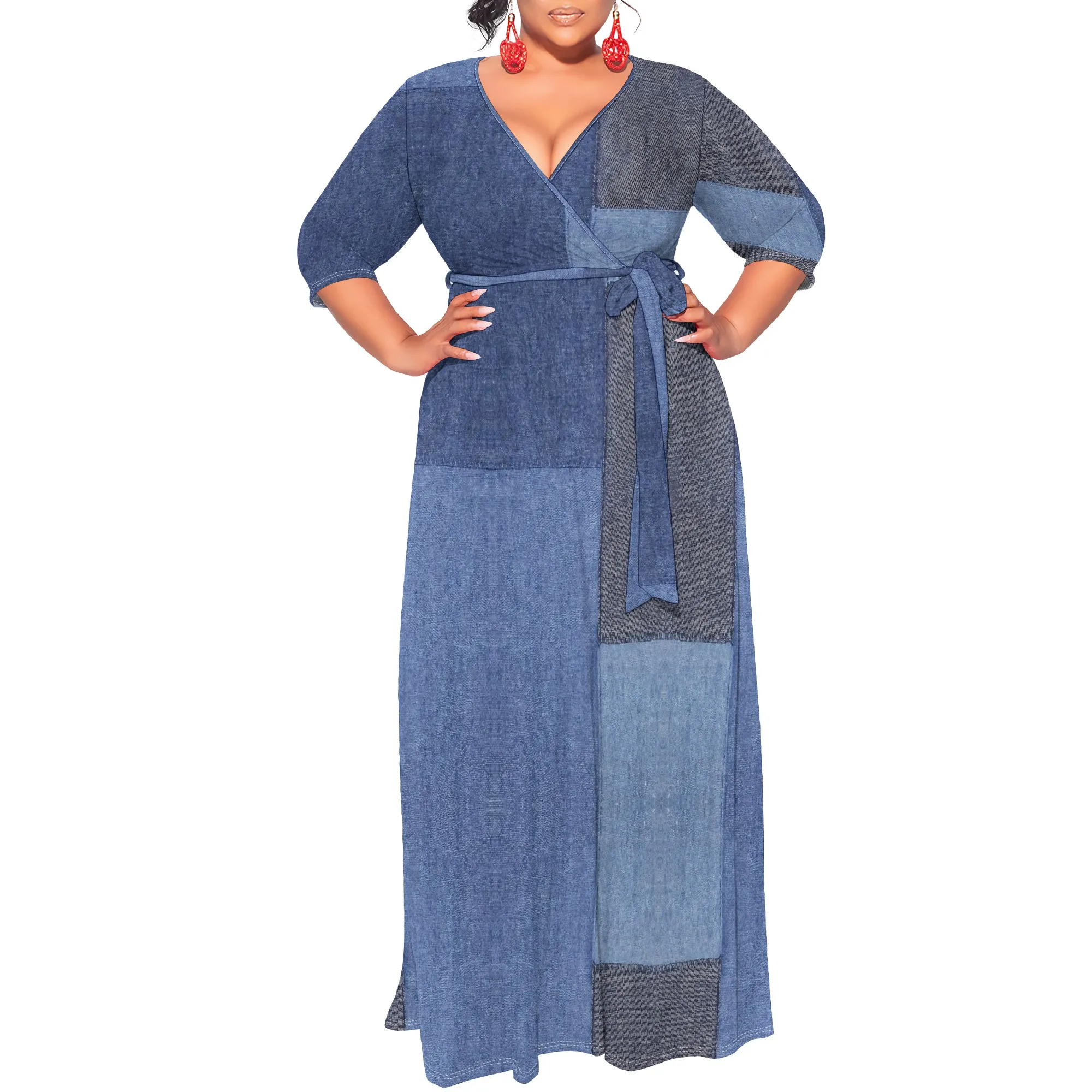 Summer Style Leaf Line Print Maxi Dress for Women with Belt Casual Daily Wear