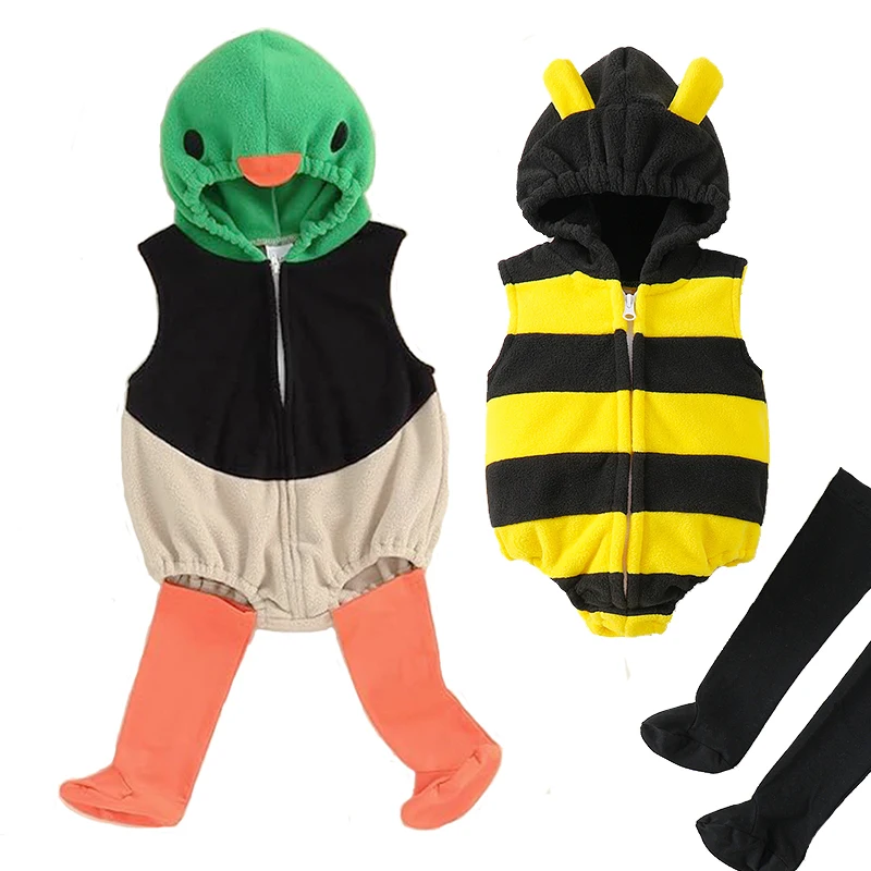 2025 nuevo traje de pelele de pato mallard de lana para niño pequeño lindo disfraz de Halloween de abejorro amarillo de peluche para niña