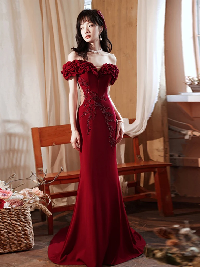 Wine Red Celebrity Dresses Pleated Mermaid See Through Waist Off the Shoulder Beading Zipper Fishtail Female Wedding Party Gowns