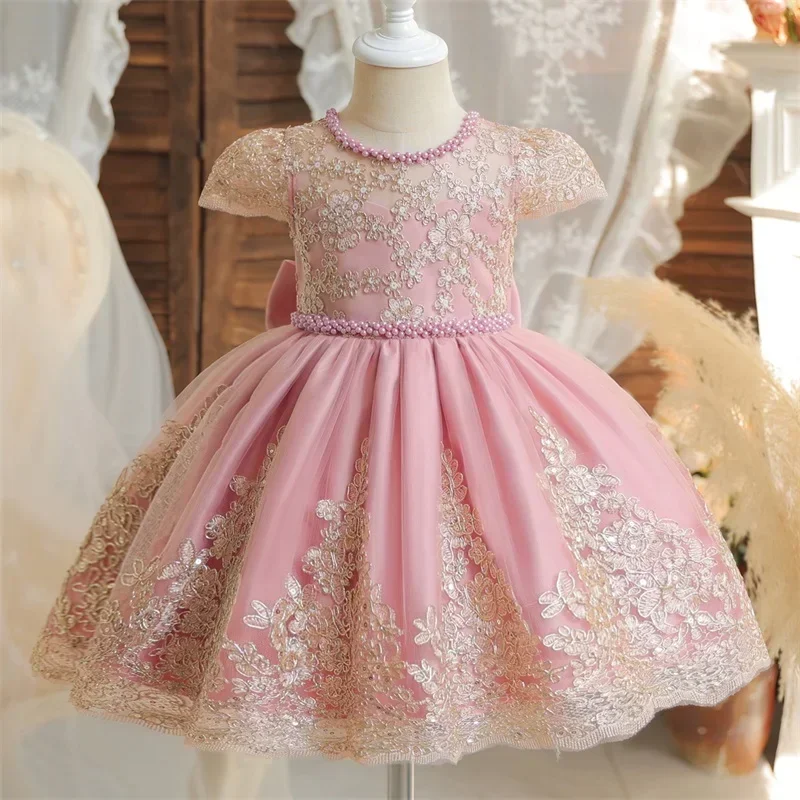 Baby Girls 1st Birthday Baptism Beading Dress for Kids Princess Formal Wedding Party Dresses Embroidery Tutu Baptism Luxury Gown